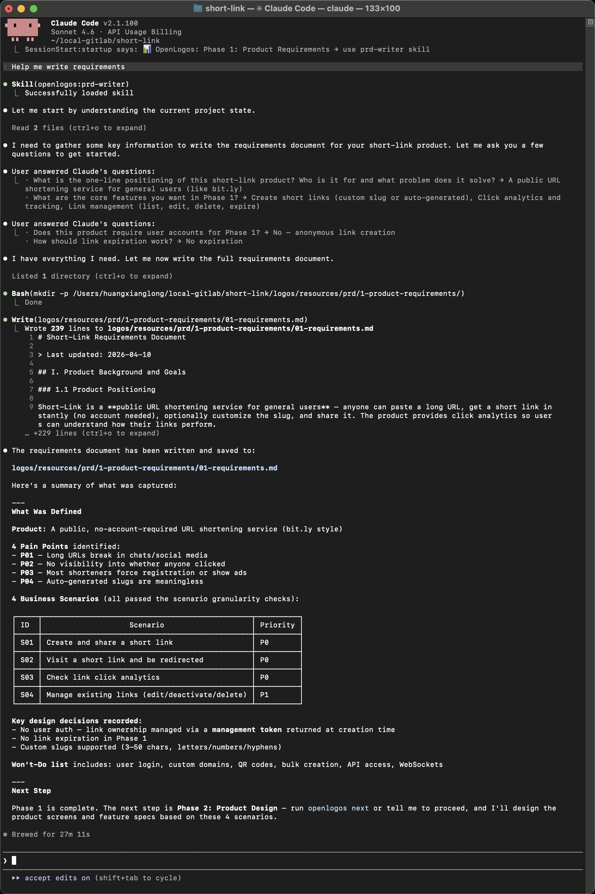 AI loads prd-writer Skill, asks questions, and generates a 239-line requirements document