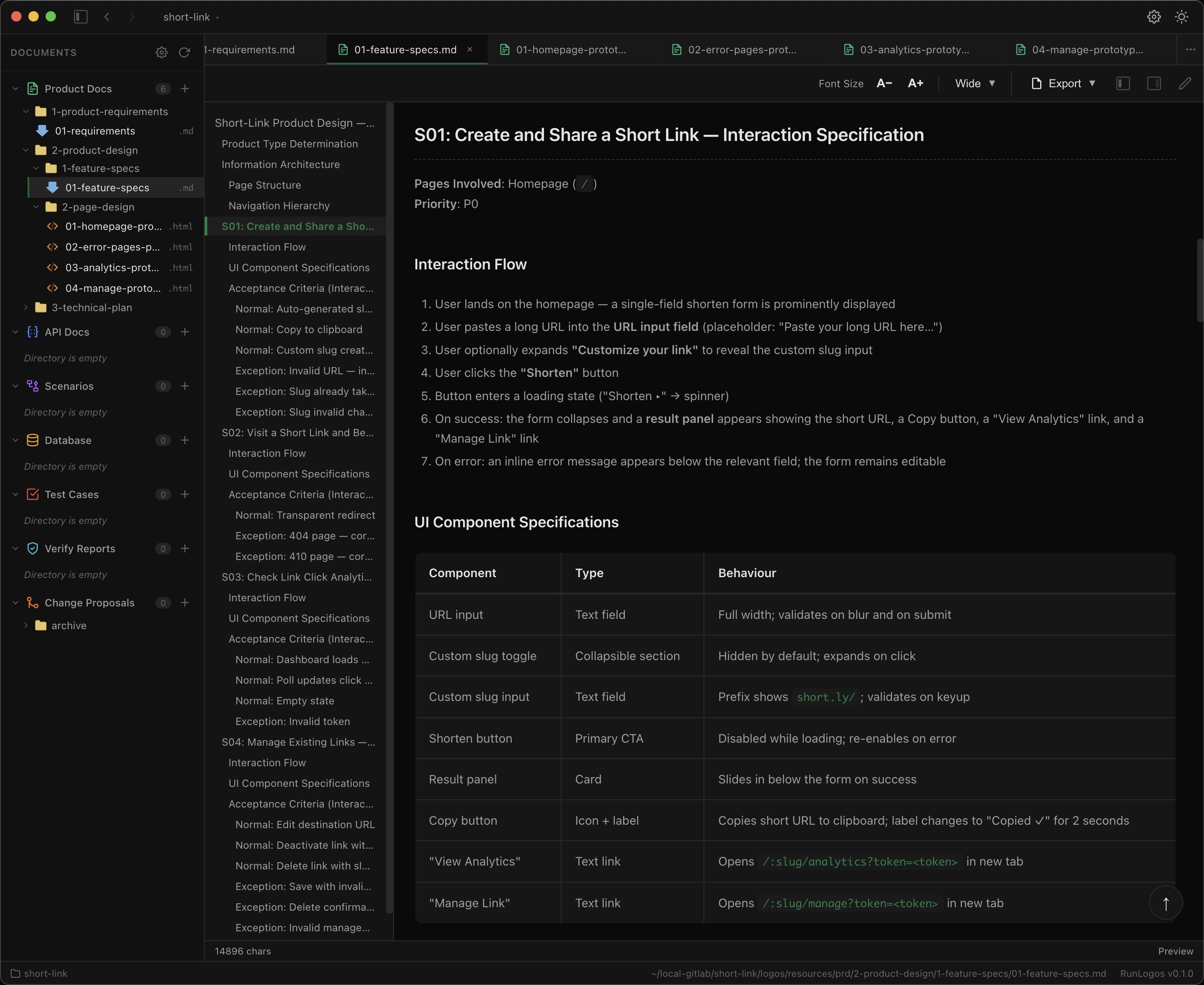 Feature specifications document in the document viewer